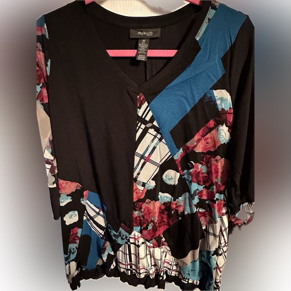 NWT 0X Style & Co Women 3/4 Sleeve Black Multicolor Patchwork Print Stretch Top